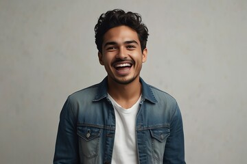 young mexican man on plain bright white background laughing hysterically looking at camera background banner template ad marketing concept from Generative AI