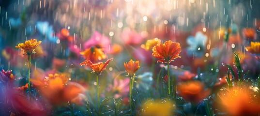 Fototapeta na wymiar Vibrant Summer Rain Amidst Colorful Blooms