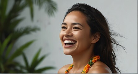 young native hawaiian middle aged woman on plain bright white background laughing hysterically looking at camera background banner template ad marketing concept from Generative AI - obrazy, fototapety, plakaty