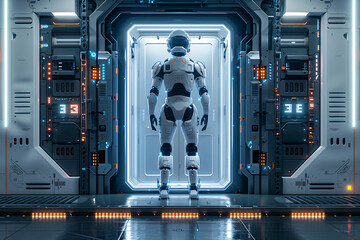 Robot walking through future door, sci-fi futuristic metal scene illustration