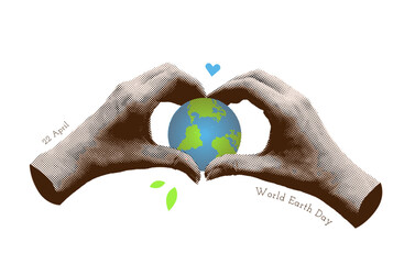 Concept of human loves planet earth. Retro halftone hands that protect the planet. 22 April Earth day banner for social media. Save the planet concept. Manipulating. Hand gesturing heart sign. Vector. © LanaSham