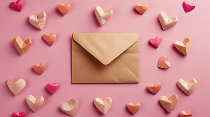 love letter envelope with paper craft hearts - flat lay on pink valentines or anniversary background with copy space Generative AI