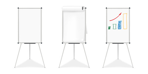 Flipchart whiteboard easel tripod stand. Vector mock-up. Flip chart white board. Realistic mockup - 779827595