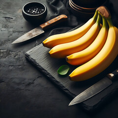 Knife with banana on dark background. Interesting illustration on the theme of banana. Generative AI. banana and knife on table. banana and knife. Banana on the table. Musa. Musa acuminata. Food. 