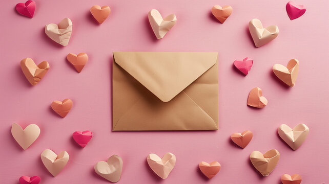 love letter envelope with paper craft hearts - flat lay on pink valentines or anniversary background with copy space Generative AI