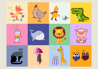 Cute cartoon animal icon character  hand drawn vector illustration set. Wild, domestic, pet animal collection.