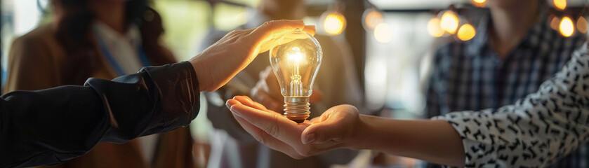 Team members passing a lightbulb to one another, depicting the role of shared knowledge and assistance in reaching achievements - obrazy, fototapety, plakaty