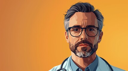 A male avatar doctor in a bathrobe, glasses and stethoscope on an orange background, holiday medical worker's day, medicine, health