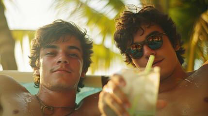 Two young men are sitting on a beach, one of them holding a drink with a straw