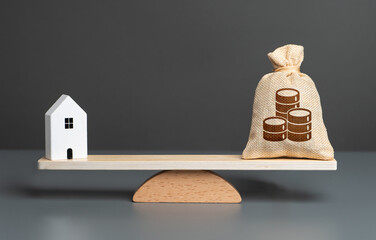 House and money bag with coins on scales. Taxes. Buying and selling real estate. Housing prices....