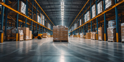 Large spacious warehouse with high racks and pallets with boxes. Cardboard boxes are packed in polyethylene stretch film. Forklift. - obrazy, fototapety, plakaty