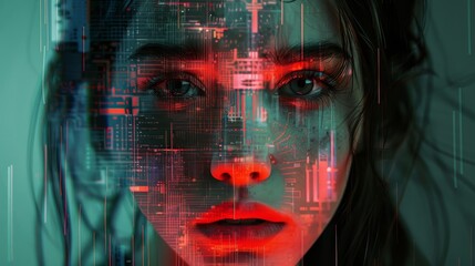 A woman's face is shown in a distorted, pixelated way. The image has a futuristic, almost dystopian feel to it