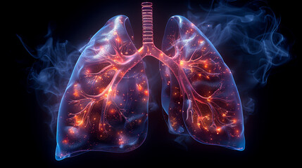 An illustrated hologram showing the human respiratory system lungs and airways glowing - obrazy, fototapety, plakaty