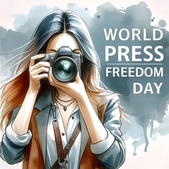 Watercolor illustration of female photographer for world press freedom day - obrazy, fototapety, plakaty
