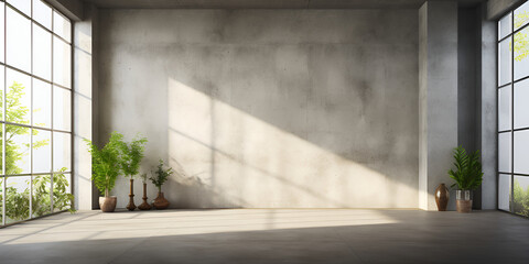 Empty room with a plant i the front of large glass window with grunge wall plain background
