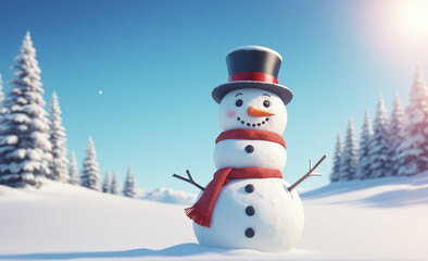 Fototapeta premium snowman with hat and scarf