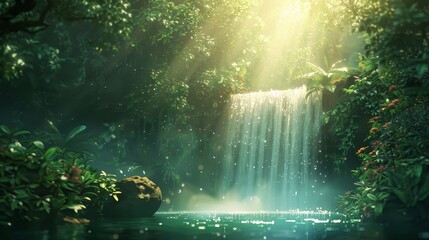 A waterfall is flowing into a pond in a lush green forest. The sunlight is shining through the trees, creating a serene and peaceful atmosphere