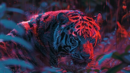 A tiger is shown in a forest with a red and blue background. The tiger is looking at the camera with a curious expression. The image has a dreamy and surreal feel to it