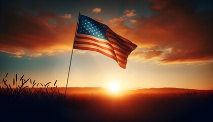 American flag on a flagpole in the field against a sunset background.

