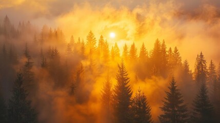 The sun is shining through the trees, casting a warm glow on the forest. The misty atmosphere adds a sense of mystery and tranquility to the scene