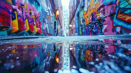 A graffiti covered alleyway with a reflection of the graffiti on the ground. Scene is urban and edgy