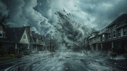 A storm is raging in a small town, with houses and buildings destroyed. Scene is one of chaos and destruction - obrazy, fototapety, plakaty
