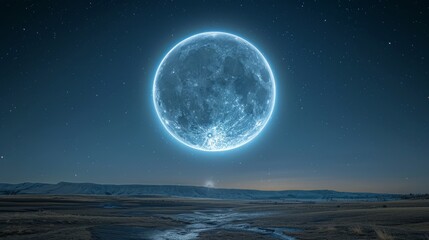 A large blue moon is floating in the sky above a dry, barren landscape. The scene is peaceful and serene, with the moon casting a soft glow over the landscape