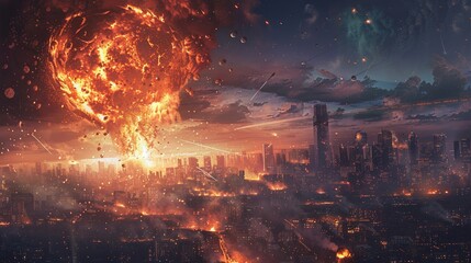 Beautiful artwork of a futuristic cityscape where meteorites ominously light up the sky in a spectacular explosion, rendered in a stunning digital art style.