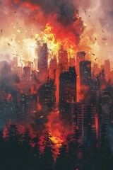 Illustration of a post-apocalyptic landscape showing devastation and destruction, with fragments of buildings scattered everywhere in a digital art style.