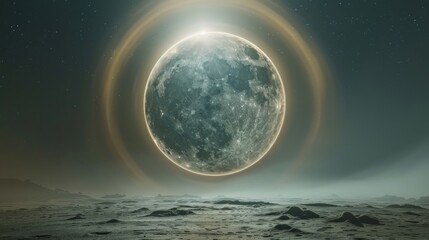 A large, glowing moon is surrounded by a ring of light. The scene is set in a desolate, barren landscape with no other visible objects. Scene is eerie and mysterious