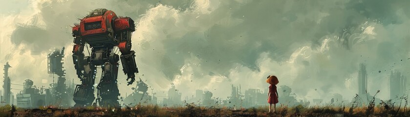 A young child and a robot gazing out across a desolate cityscape, captured in a digital painting with an artistic flair.