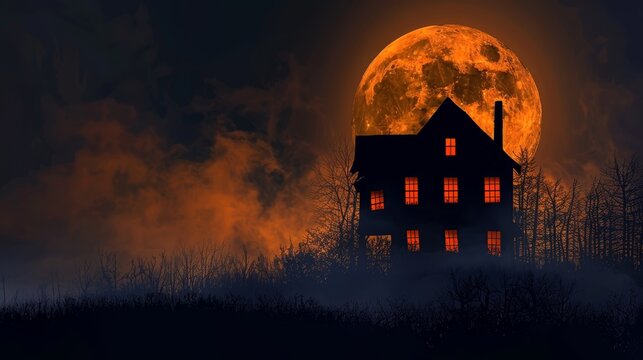 A house with a large orange moon in the background. The house is surrounded by a foggy field