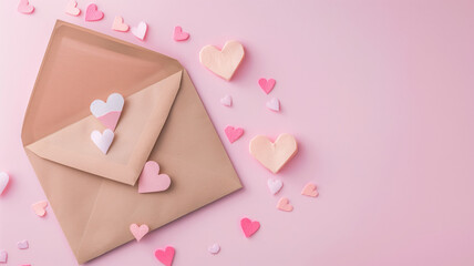 love letter envelope with paper craft hearts - flat lay on pink valentines or anniversary background with copy space Generative AI