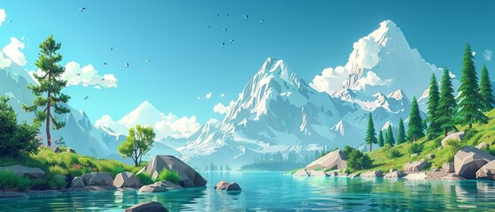 A lowpoly 3D landscape, where clean lines and forms meet in harmony