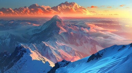 A mountain range with a beautiful sunset in the background. The sky is filled with clouds and the mountains are covered in snow. The scene is serene and peaceful