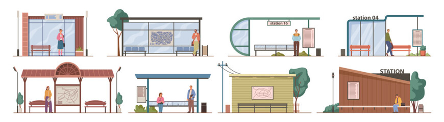 Public transport stations and bus stops exterior with people and passengers. Vector isolated set of sheltered place with bench and seats to sit and wait for vehicle for commuting and traveling