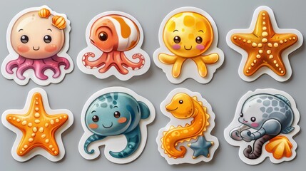 Animals underwater modern illustration set bright icons stickers cute sea animals ocean baby crab turtle octopus dolphin seahorse shell starfish whale corals