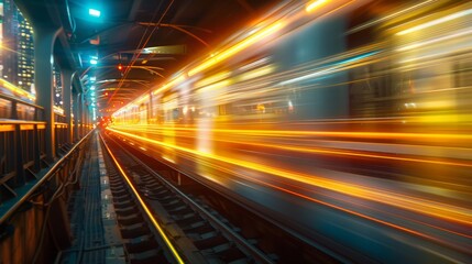 A train is moving down the tracks with a bright orange light trailing it. The train is moving quickly and the light is creating a sense of motion and energy - obrazy, fototapety, plakaty