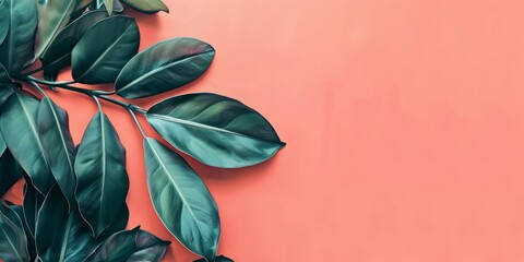 Fototapeta na wymiar Philodendron tropical leaves on coral color background minimal summer.