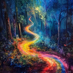 An ethereal image of a rainbow ribbon winding through a forest of dreams.