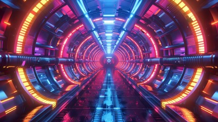 A neon tunnel with a glowing light on the wall. The tunnel is long and narrow, and the light is bright and colorful. Scene is futuristic and exciting, as if the viewer is entering a new world