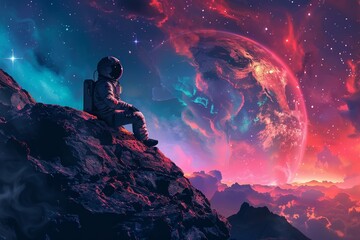 An astronaut is discovering the unknown planet using a digital art theme, creating an illustrated masterpiece.