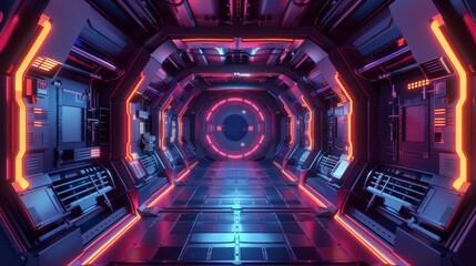 A futuristic space station with neon lights and a large circular opening. The space station is designed to look like a spaceship, with a futuristic feel