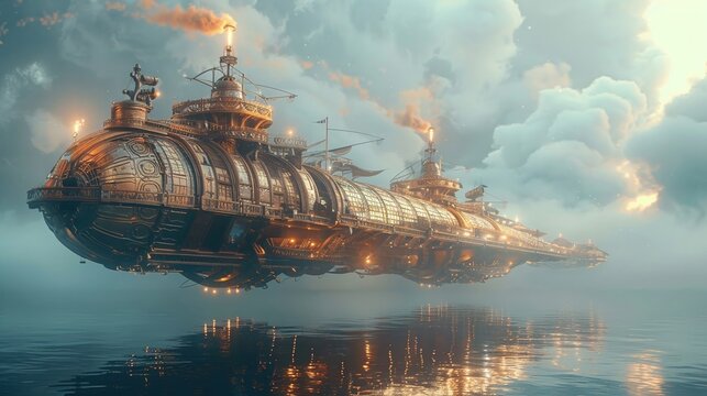 A massive airship glides gracefully over the ocean, showcasing intricate steampunk design crafted by artificial intelligence.