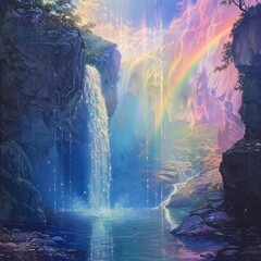Ethereal rainbow waterfall Falling from the Heavenly Realm into the tranquil pool below.