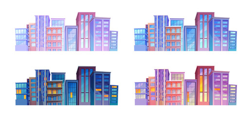 Cityscape buildings at different time of day. Vector isolated skyscrapers and facade or exterior of houses in morning, at night, evening and sunset. Town downtown or main district, suburbs