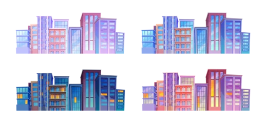  Cityscape buildings at different time of day. Vector isolated skyscrapers and facade or exterior of houses in morning, at night, evening and sunset. Town downtown or main district, suburbs © Sensvector