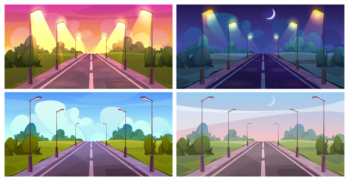 Highway or road with pavement and lanterns during daylight, at night and morning. Vector cartoon street on sunset or sunrise, nighttime with sky with crescent moon and stars. Urban landscape