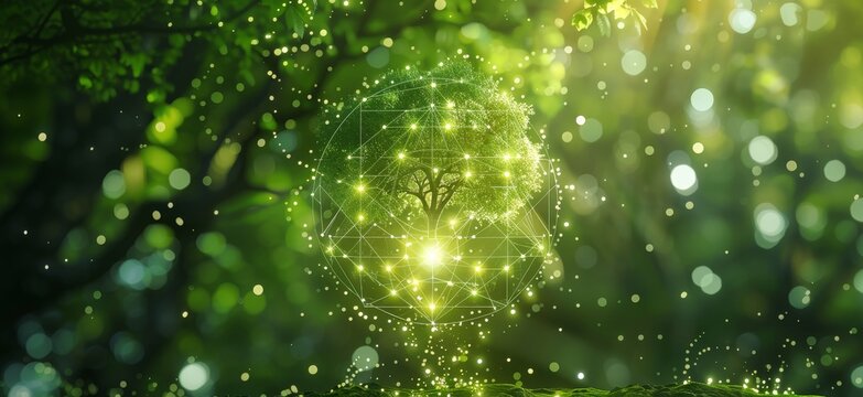 Abstract background with sacred geometry symbol of kabbalistic tree of life in white lines on blurred green nature forest, banner design. 