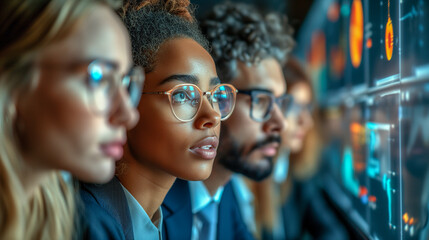 Group of young diverse interracial scientists working in a research institute, analyzing data on a modern digital screen.